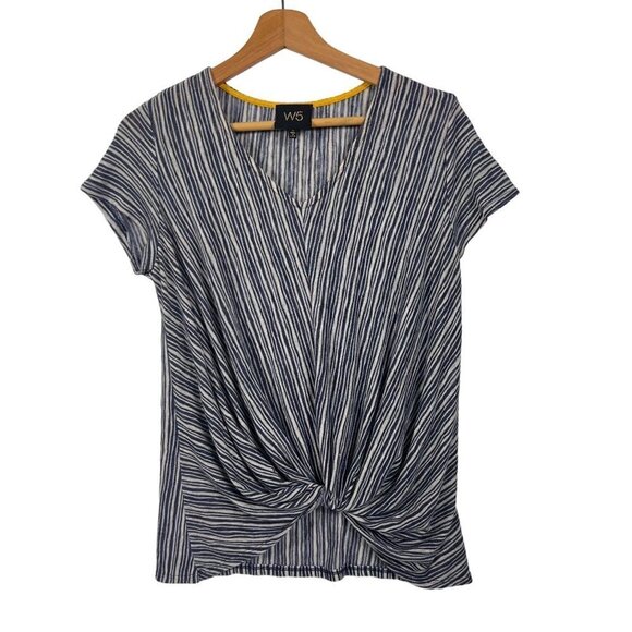 W5 Blue & White Striped Top Front Knot V Neck Short Sleeves size Small - Picture 1 of 7